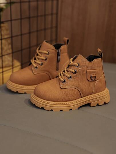 1 par de botas para niños/niñas pequeños, de unicolor, de material de PU suave, con diseño de cordones frontales y cremallera lateral, punta redonda y suela blanda, de moda y cálidas, adecuadas para el uso diario y escolar de bebés, nuevas para otoño/invierno