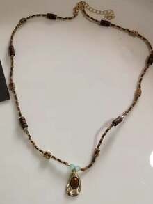 复古皮革棕色宝石太阳吊坠串珠颈链锁骨链项链女士独特 Y2K 个性化垃圾摇滚珠宝 - 彩色 - 查看 11