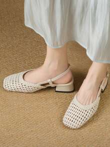 Fall/Winter Square Toe Woven Women's Sandals, Elegant Chunky Heel Bowknot Beige High Heels, Outdoor Party Buckle Hollow-Out Shoes,Elegant,Ballet Shoes