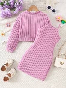 2pcs Autumn/Winter Floral Knitted Cardigan + Bodycon Slip Dress Set, Soft & Comfortable, Fashionable Casual Outfit For Young Girls - Purple - View 3