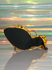 Jin Bei Qi 女士性感闪光 3D 蝴蝶圆头系带优雅迷人时尚派对闪亮金色高跟凉鞋 - 黃色 - 查看 7