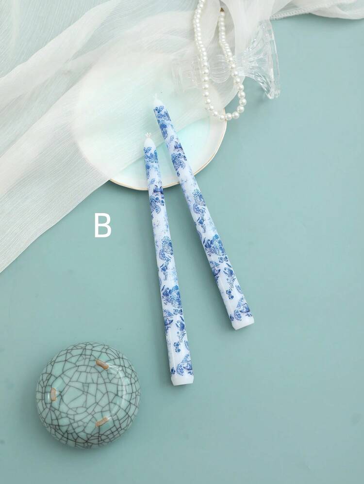 2个蓝白陶瓷烛台，浪漫烛光晚餐、婚礼、婚礼装饰、节日派对庆典香氛蜡烛、家居装饰蜡烛、无烟蜡烛 - 彩色 - 查看 16