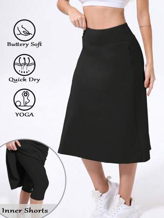 RUNONWHEELS 5 Women's Midi Length Athletic Skorts With Pockets - 29" Knee Length Tennis Skirt, High Waisted Tummy Control Workout Skort, Modest Golf Yoga Running Skirt With Shorts