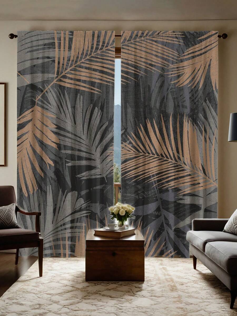 2 件高品质植物叶数码印花窗帘，可机洗，适用于卧室、客厅和餐厅 - 带杆套、隔热、半遮光、家居装饰窗帘