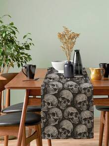 1pc Halloween Skull Print Linen Table Runner, Suitable For Holidays, Parties, Birthdays, Dinners, Kitchen & Dining Room Decor, Shoe Cabinet Cover, All Season Home Decor - Multicolor - View 2