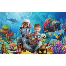 1 pieza Tela de fondo plano 2D, 1 pieza Fondo de mundo submarino, Cortina de ducha con tema submarino, Decoración de mesa de pastel de fiesta, Decoración de dormitorio, Decoración de sala de estudio, Fondo de fiesta de cumpleaños