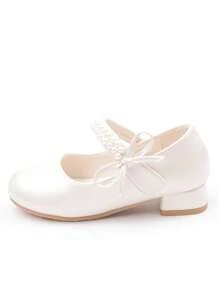 Girls Pearl Princess Shoes, White Leather Shoes, Mid-Heel, Spring/Autumn