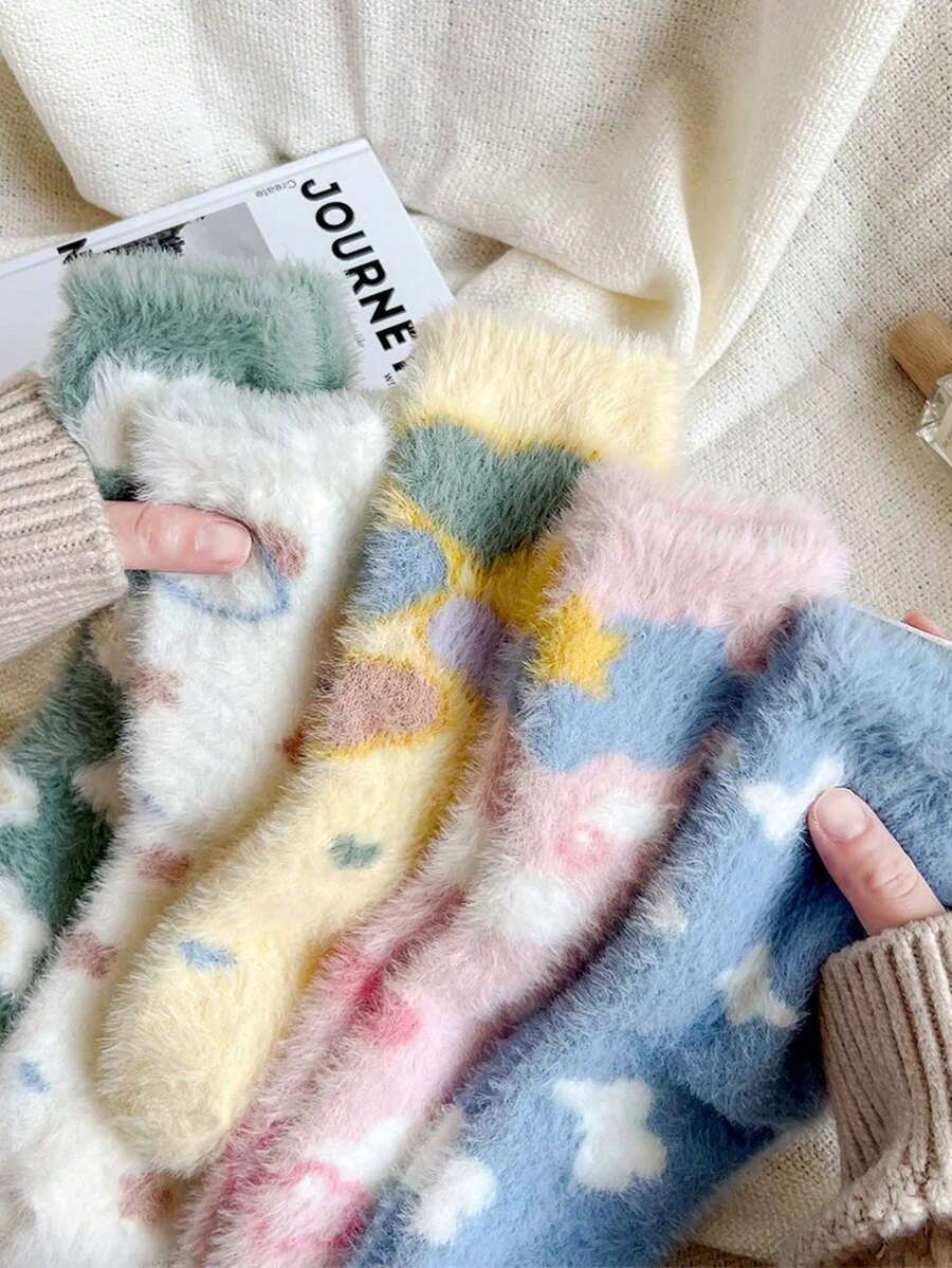 5双秋冬毛绒卡通貂毛绒保暖柔软舒适女士中筒袜