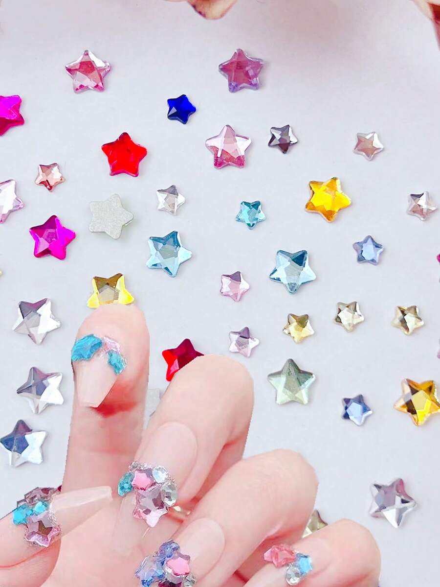 50pcs/100pcs Colorful Star 3D Nail Art Decorations, Random Mixed Colors And Sizes, Including Flat Asymmetric Five-Pointed Stars, Rose Red, Sea Blue, Light Pink 3D Nail Rhinestones, Nail Gems, Nail Art Tools, Women/Girls Nail Art Accessories, Nail Stickers Nail Charms - Multicolor - View 1