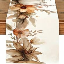 秋季花卉桌旗，奶油色背景上优雅的橙色花朵和叶子印花，秋季餐桌装饰，适合餐厅、秋季聚会和农舍家居装饰