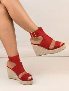 Platform Wedge Thick Bottom Peep Toe Waterproof Chunky Sole Sandals, Fashionable And Versatile European Style - Red - View 3