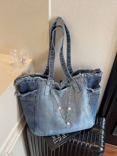 New Denim Fabric Large Capacity Tote Bag, Casual Versatile Shoulder Handbag, Underarm Carry Bag, Student School Bag