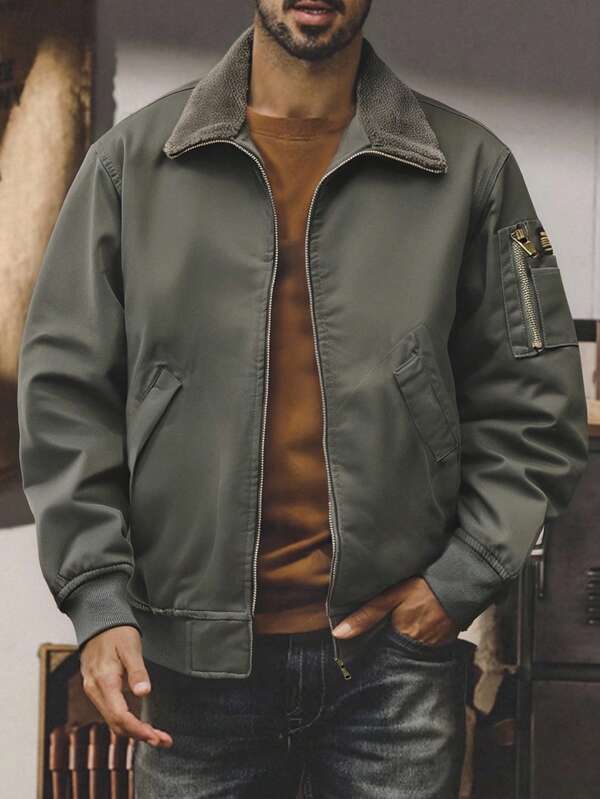 Men's Autumn Long Sleeve Thick Thermal Fleece-Lined Cargo Jacket