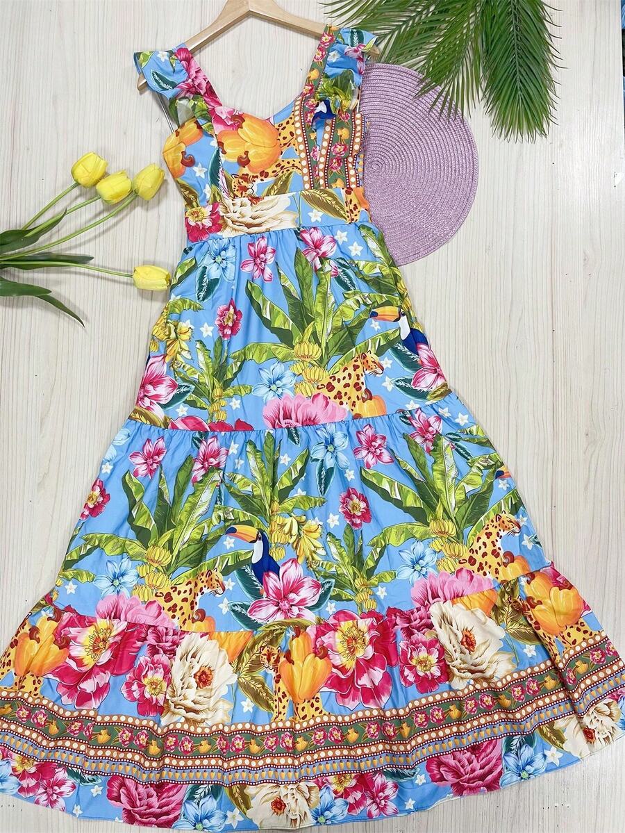 Long Dress With PRINT And Lining In Beautiful, Fashionable CREPINHO Fabric - Teal Blue - View 1