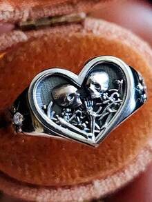 Silvery Heart Signet Ring The Lovers Skeleton Final Embrace Gothic Romantic Engagement Ring Halloween Ring Valentine's Day Gift - White CZ - 查看 2