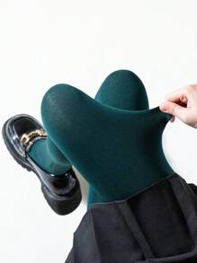 1 Pair Women's Olive Green Fleece Tights, Elastic Figure-Hugging Soft Brushed Tights For Spring & Autumn, Cozy - Dark Green - View 7