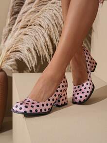 法式复古玛丽珍鞋，新款春季女士高跟鞋，韩版大码真皮鞋，纯色优雅方头粗跟鞋，优雅，派对，波点 - 粉色 - 查看 3