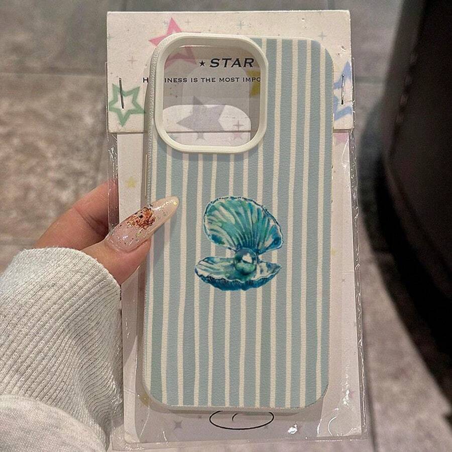 1pc TPU Material Cute Shell Blue Striped Pattern Phone Case Compatible With IPhone/ Phones - White - View 1