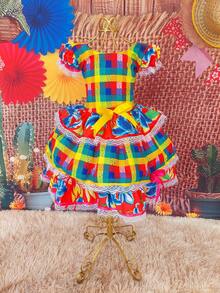 Children's Dress June Party Caipira Saint John Plaid Bow Square Dance School Fair Arraiá Northeast Costume Popcorn Queen Little Girl Girl Festivity Ruffle Youth Typical June Party - 紅色 - 查看 1