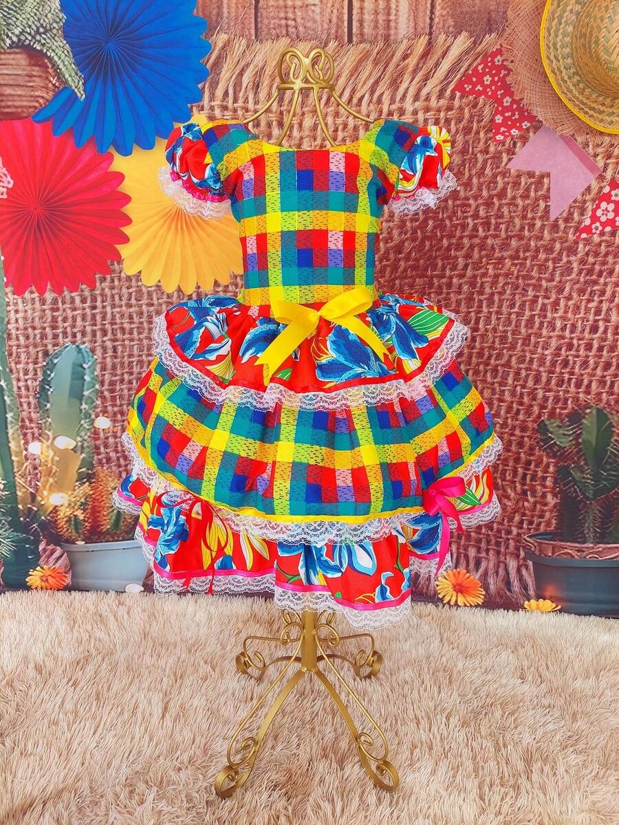 Children's Dress June Party Caipira Saint John Plaid Bow Square Dance School Fair Arraiá Northeast Costume Popcorn Queen Little Girl Girl Festivity Ruffle Youth Typical June Party - 紅色 - 查看 1
