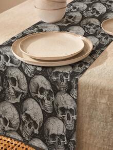 1pc Halloween Skull Print Linen Table Runner, Suitable For Holidays, Parties, Birthdays, Dinners, Kitchen & Dining Room Decor, Shoe Cabinet Cover, All Season Home Decor - Multicolor - View 3
