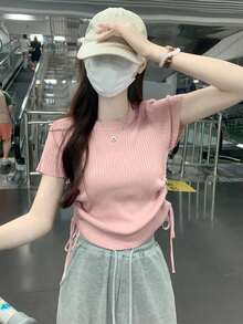 女士纯色收腰短袖针织上衣，休闲粉色夏季款 - 粉色 - 查看 4