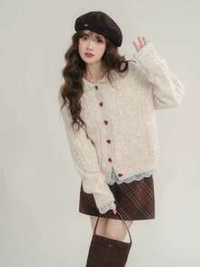 韩版甜美复古百搭撞色彼得潘领麻花针织开衫 - 燕麥色 - 查看 2