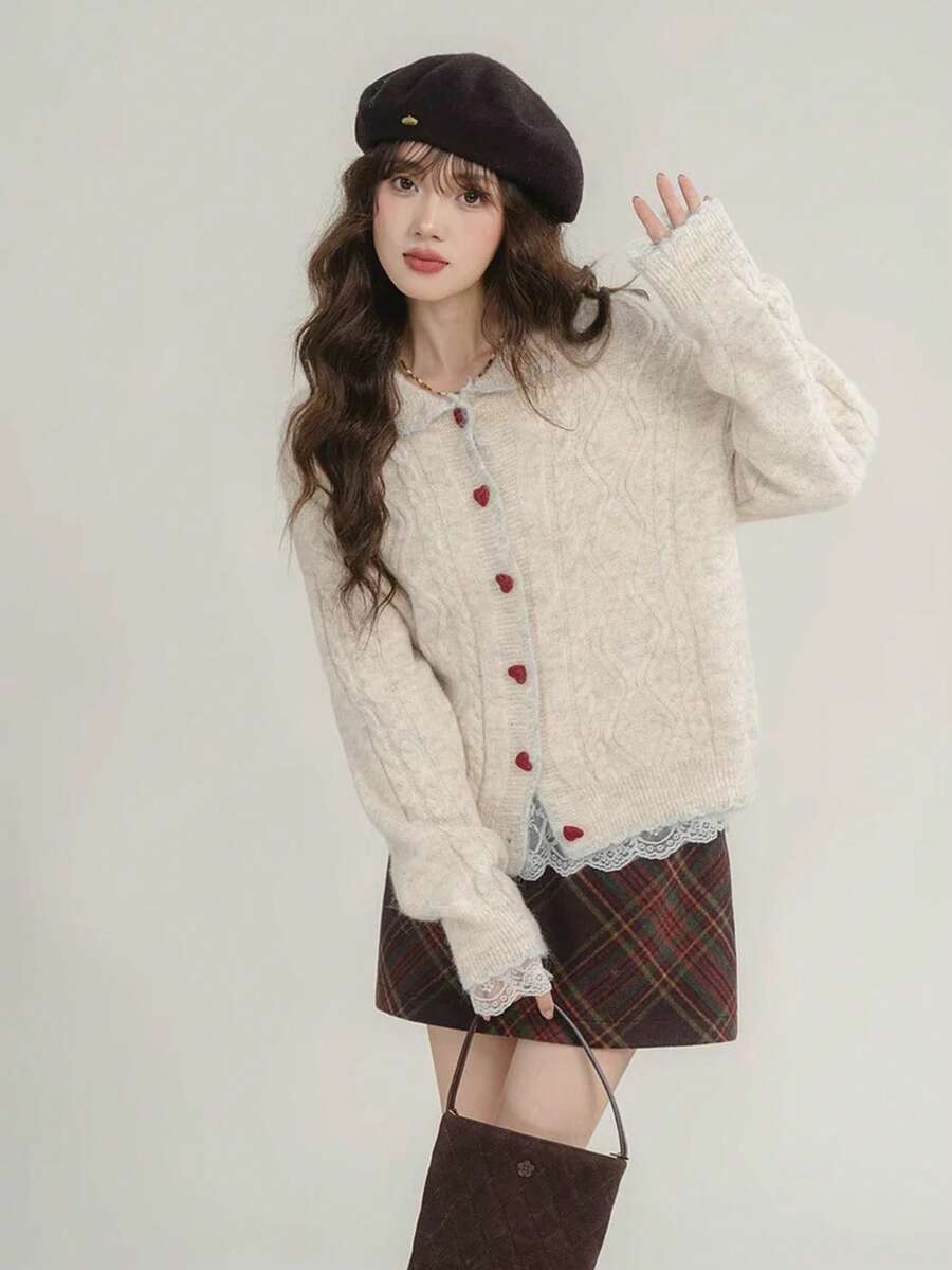 韩版甜美复古百搭撞色彼得潘领麻花针织开衫