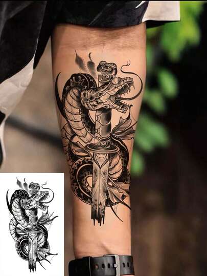 凶猛的蛇，蛇与剑图案设计，小众设计，动物纸质纹身贴纸，耐用防水防汗持久黑色图案设计，时尚纹身，人体艺术，男士艺术假纹身，适用于手臂、胸部和背部，易于粘贴和去除