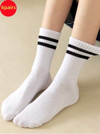 6 Pairs Kids/Students Black & White Striped Sports Crew Socks, Spring/Summer