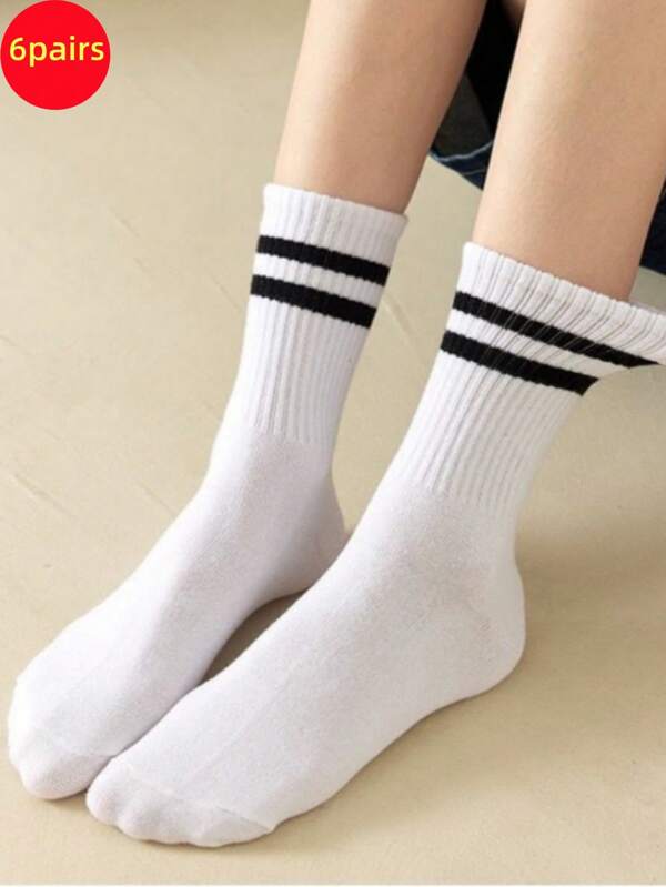 6 pares de calcetines deportivos de rayas negras y blancas para niños/estudiantes, para primavera/verano