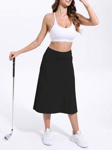 RUNONWHEELS 5 女士中长款运动短裙，带口袋 - 29英寸及膝网球裙，高腰收腹运动短裙，适合高尔夫、瑜伽、跑步等运动，黑色夏季款 - 黑色 - 查看 6