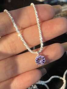 1 pieza Pequeño colgante plateado con un solo diamante, Cadena de clavícula de cobre con cierre de moda, Collar corto de alta calidad, Accesorio casual diario para mujeres - Púrpura malva - Ver 3