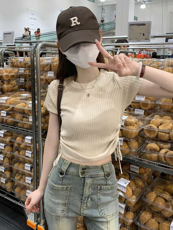 女式纯色收腰褶饰日常夏季短袖针织上衣