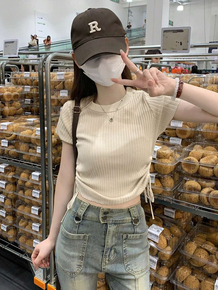 女式纯色收腰褶饰日常夏季短袖针织上衣 - 杏色 - 查看 1
