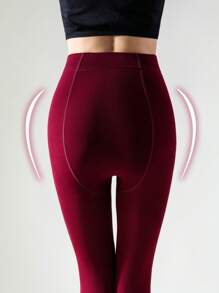 1 par de medias de mujer de color rojo vino de felpa, leggings delgados y elásticos forrados con pelusa para otoño y primavera