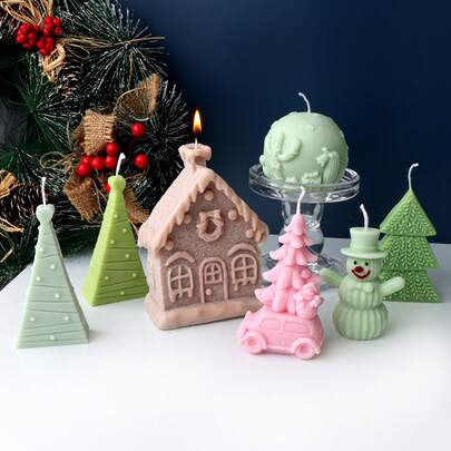 创意圣诞蜡烛模具硅胶仙人掌球/雪人/树汽车/房屋/树形硅胶香味大豆蜡蜡烛模具DIY节日家居装饰礼品石膏树脂雕像工具