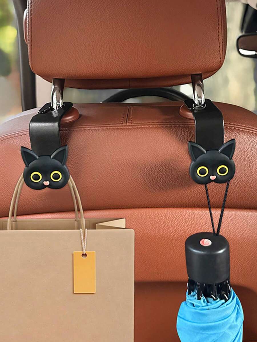 2 件 3D 卡通猫汽车座椅挂钩,通用汽车储物架,汽车座椅靠背挂钩,多功能储物挂钩,适用于手提包、钱包、夹克、可爱汽车配件、节日礼物、女士礼物(黑色、白色) - 彩色 - 查看 1