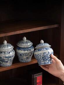 1 Tarro de almacenamiento de porcelana azul y blanco vintage con capacidad de agua de 500ml/1000ml, con lata de té sellada de cerámica de color esmaltado, adecuado para cajas de te, decoraciones de escritorio, frascos de almacenaje para el hogar, accesorios de t - Multicolor - Ver 4