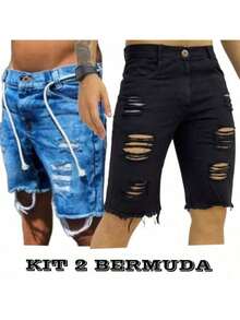 kit 2 Bermuda Premium Lycra Jeans Rasgada Masculina - Branco e Azul Escuro - Visão 2