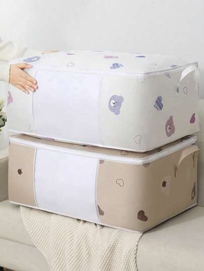 1个可爱小熊图案儿童房床上用品收纳袋，大容量衣物和娃娃收纳袋，搬家打包袋，防尘防潮