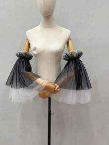 1 Pair Black & White Mesh Colorblock Petal Sleeve Arm Covers, Elastic Long Bridal Sleeve Covers - Multicolor - View 6