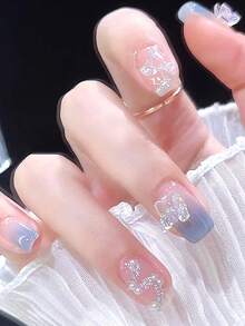 24片/盒 透明蓝色蝴蝶图案自粘假指甲，方形短指甲，可卸除，包含果冻胶和指甲锉，适合女性和女孩美甲用品 - 淺藍色 - 查看 6