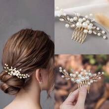 1 件手工仿珍珠和水钻发梳，侧梳小发饰，新娘婚礼发型装饰，梳子，发梳 - 彩色 - 查看 7