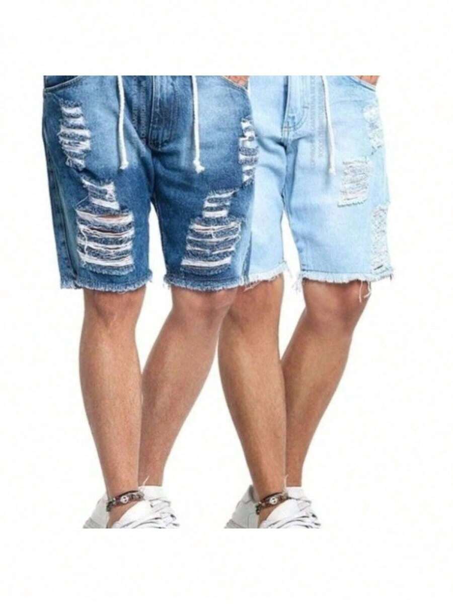 kit 2 Bermuda Premium Lycra Jeans Rasgada Masculina - Branco e Azul Escuro - Visão 1