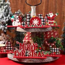 6pcs Christmas Snowman, Reindeer, Santa Claus, Red & Black Plaid Decorative Wooden Signs, Christmas Table Decor, Home Party Decoration - Red - View 5