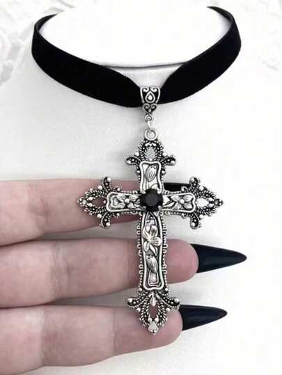 1 pieza Gargantilla de terciopelo con cruz de piedra preciosa negra de estilo gótico punk, adecuada para decoración de mujeres