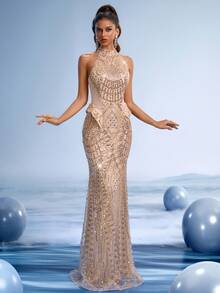 GIFORU Elegant Silver Sequin Prom Dress Halter Mermaid Gown Gold Beaded Wedding Dresses For Bride Women Sparkly Long Graduation New Year Party Dress - Khaki - View 9