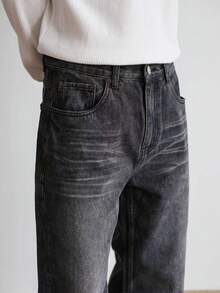 Men's Vintage Washed Black Denim Jeans With Pockets, Rugged Streetwear