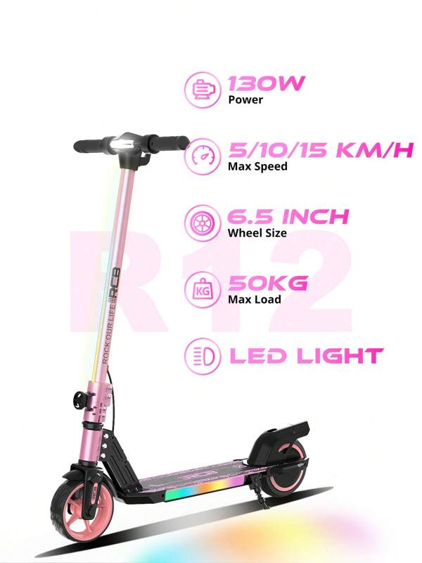 RCB RCB Monopattino elettrico per bambini dai 6 ai 12 anni, fino a 15 km/h e 10 km, monopattino elettrico pieghevole da 6,5 pollici, luci colorate, display LED, doppi freni, regalo per bambini
